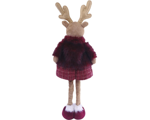 Stehende Rentier-Weihnachtsfigur mit Kunstfellmantel und kariertem Rock von hinten.