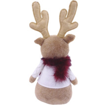 Plüsch-Rentier Rückansicht mit Geweih aus Filz, weißem Oberteil und Schal aus Kunstfell. Weihnachtsdekoration.
