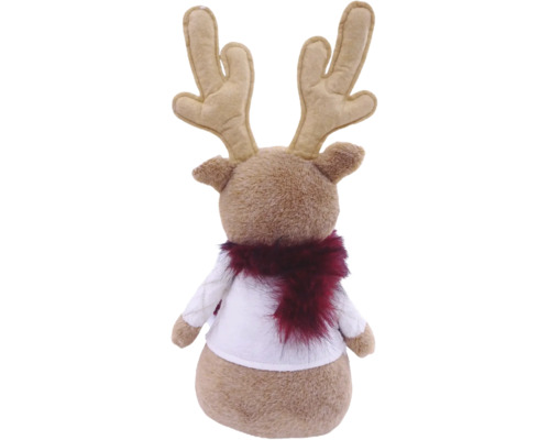 Plüsch-Rentier Rückansicht mit Geweih aus Filz, weißem Oberteil und Schal aus Kunstfell. Weihnachtsdekoration.