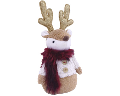 Weihnachtsdekoration Rentier aus Plüsch mit goldenen Glitzergeweihen, weißem Pullover und bordeauxrotem Kunstfellschal.