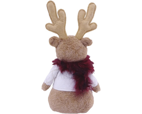 Rückansicht einer Rentier-Plüschfigur mit Geweih, weißem Pullover und flauschigem dunkelrotem Schal.