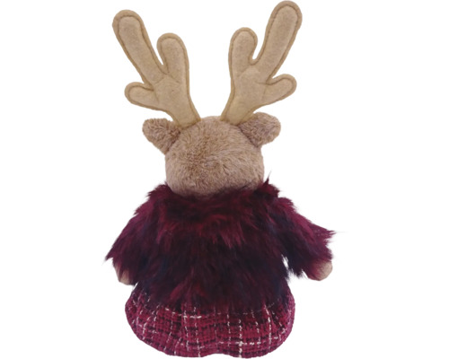 Weihnachtsfigur Rentier von hinten mit beigem Kopf, dunkelrotem Kunstfellmantel und kariertem Stoff.