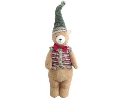 Plüsch-Teddybär mit spitzer Mütze, gemusterter Weste mit Knöpfen und einer Fliege.