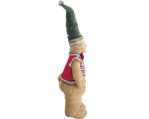 Stehender Plüschbär Weihnachtsdekoration mit hoher spitzer Mütze und roter Weste.