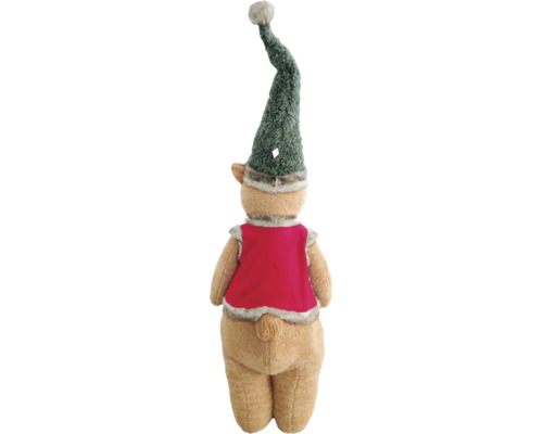 Plüschfigur Weihnachtsdekoration mit langer grüner Mütze und roter Weste in der Rückansicht.