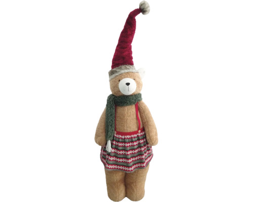 Plüsch-Teddybär im Weihnachtsoutfit mit langer roter Zipfelmütze, grünem Schal und gemustertem Kleid.