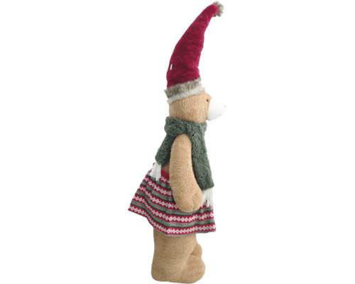 Stehender Plüsch-Teddybär mit langer Zipfelmütze, Schal und gemustertem Rock als Weihnachtsdekoration.