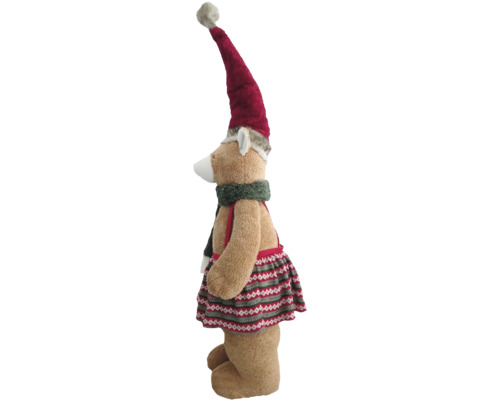 Plüschbär als Weihnachtsdekoration, stehend mit langer Zipfelmütze, Schal und gemustertem Rock.