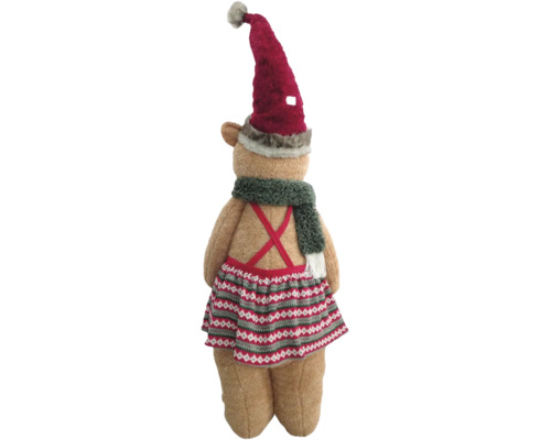 Weihnachts-Stoffbär Rückansicht mit Zipfelmütze, Schal und gemustertem Rock mit Trägern.
