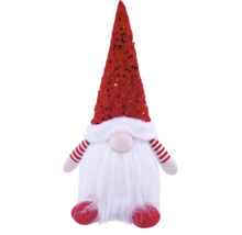 Weihnachts-Wichtel mit roter Paillettenmütze, langem weißem Bart und rot-weiß gestreiften Armen.