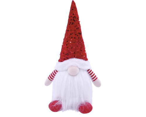 Weihnachts-Wichtel mit roter Paillettenmütze, langem weißem Bart und rot-weiß gestreiften Armen.