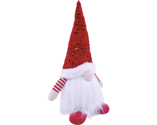 Weihnachts-Wichtel aus Plüsch mit roter Paillettenmütze und weißem Bart.
