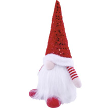 Weihnachtsgnom mit roter Paillettenmütze, weißem Bart aus Kunstfell und rot-weiß gestreiften Armen. Dekorative Plüschfigur für die Weihnachtszeit.