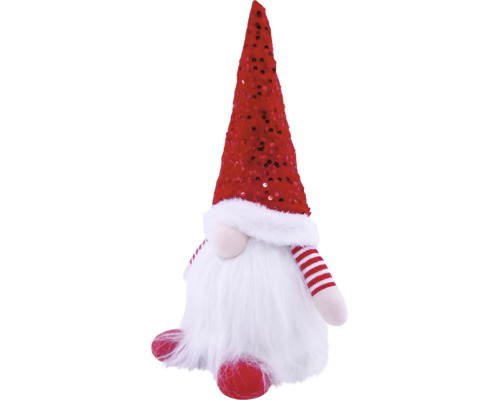 Weihnachtsgnom mit roter Paillettenmütze, weißem Bart aus Kunstfell und rot-weiß gestreiften Armen. Dekorative Plüschfigur für die Weihnachtszeit.