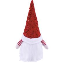 Weihnachts-Wichtel mit roter Pailletten-Haube, weißem Bart und rot-weiß gestreiften Armen aus Plüsch.