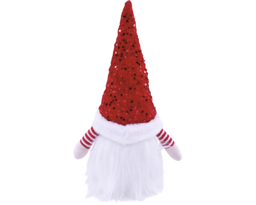 Weihnachts-Wichtel mit roter Pailletten-Haube, weißem Bart und rot-weiß gestreiften Armen aus Plüsch.