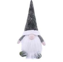 Weihnachts-Wichtel Dekofigur aus Stoff mit spitzer Mütze, weißem Bart und gestreiften Armen.