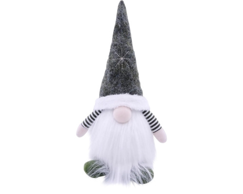 Weihnachts-Wichtel Dekofigur aus Stoff mit spitzer Mütze, weißem Bart und gestreiften Armen.