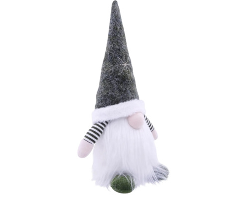 Weihnachtsgnom mit grauer Filzmütze mit Sternbestickung, weißem Rauschebart und schwarz-weiß gestreiften Ärmeln.