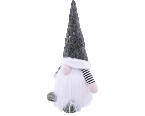 Weihnachts-Wichtel mit grauer Filzmütze, weißem Bart, rosa Nase und schwarz-weiß gestreiften Armen.