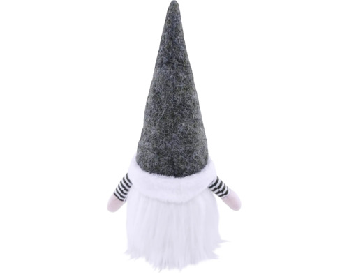 Weihnachtsgnom Dekofigur mit grauer Filzmütze, weißem Bart und gestreiften Armen aus Stoff.