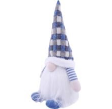 Dekorativer Weihnachtswichtel aus Stoff mit blau-weiß karierter Mütze, langem weißem Bart und blau-weiß gestreiften Armen.
