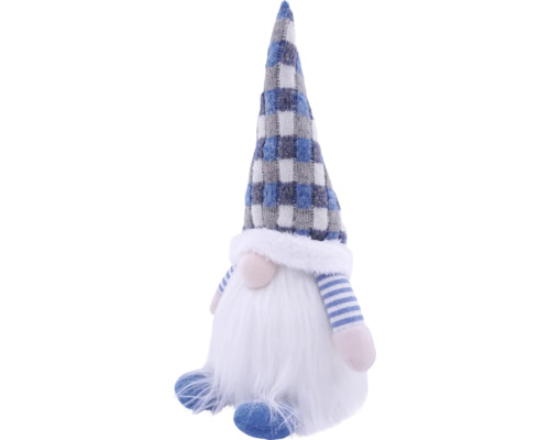 Dekorativer Weihnachtswichtel aus Stoff mit blau-weiß karierter Mütze, langem weißem Bart und blau-weiß gestreiften Armen.