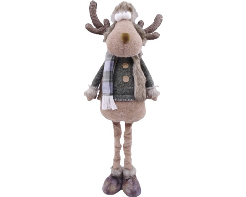 Plüsch-Elch Dekofigur mit langen Beinen, Schal, Mütze und Pullover für die Weihnachtsdekoration.