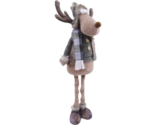 Stehende Weihnachtsdekoration Elch aus Plüsch mit Geweih, Wintermütze, Schal und Jacke.