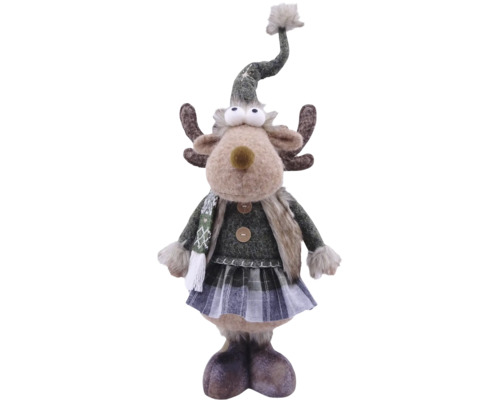 Weihnachtsdekoration Rentier-Plüschfigur mit spitzer Mütze, Schal und kariertem Rock.