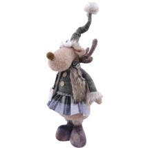 Dekofigur Elch mit Wintermütze inklusive Bommel, Jacke mit Knöpfen und Rock im Karomuster für die Weihnachtsdekoration.