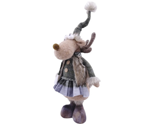 Dekofigur Elch mit Wintermütze inklusive Bommel, Jacke mit Knöpfen und Rock im Karomuster für die Weihnachtsdekoration.
