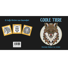 Mandala-Malbuch für Kinder Coole Tiere mit 12 Tiermotiven zum Ausmalen, darunter Fuchs, Pferd, Hund und Löwe im Mandala-Stil.