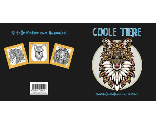 Mandala-Malbuch für Kinder Coole Tiere mit 12 Tiermotiven zum Ausmalen, darunter Fuchs, Pferd, Hund und Löwe im Mandala-Stil.