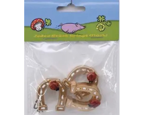Set mit Hufeisen Dekoration aus Kunststoff in Verpackung mit Glückssymbolen
