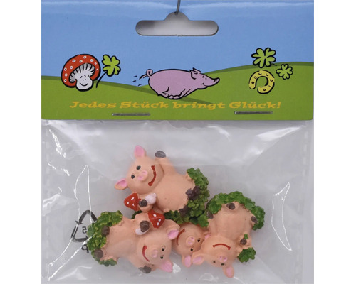 Set mit drei Glücksschweinchen Dekofiguren aus Kunststoff in einer Kunststoffverpackung mit der Aufschrift Jedes Stück bringt Glück.