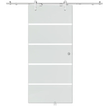 Ganzglas-Schiebetür mit horizontalen Streifen, inklusive Edelstahlschiene und rundem Muschelgriff.