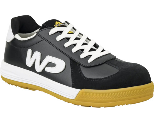 Workpower Sicherheitsschuh im Sneaker-Stil, Halbschuh aus schwarzem Leder und Synthetik mit weißen Schnürsenkeln.
