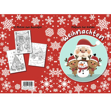 Malbuch für Kinder zu Weihnachten mit 12 Motiven zum Ausmalen, Abbildungen von Weihnachtsmann, Rentieren und einem Schneemann.