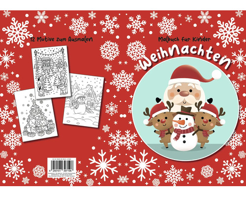 Malbuch für Kinder zu Weihnachten mit 12 Motiven zum Ausmalen, Abbildungen von Weihnachtsmann, Rentieren und einem Schneemann.