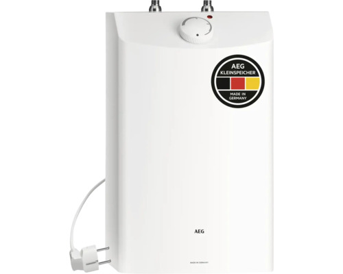Weißer AEG Kleinspeicher, kleiner Warmwasserspeicher mit Temperaturregler und Netzstecker, AEG Logo, hergestellt in Deutschland.