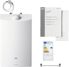 AEG Kleinspeicher Huz 10 ÖKO für Untertischmontage mit AEG Logo, Temperaturregler, Netzkabel, Bedienungsanleitung und Energielabel.