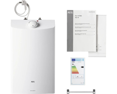 AEG Kleinspeicher Huz 10 ÖKO für Untertischmontage mit AEG Logo, Temperaturregler, Netzkabel, Bedienungsanleitung und Energielabel.