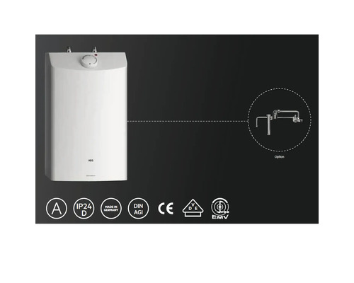 AEG Elektro-Warmwasserspeicher mit Temperaturregler, Energieeffizienzklasse A, Schutzart IP24 und VDE-Zertifizierung. Optionale Armaturengruppe.