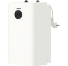 Weißer Stiebel Eltron Kleinspeicher mit Temperaturregler, Netzstecker und zwei Wasseranschlüssen oben.