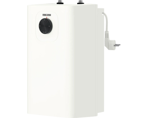 Weißer Stiebel Eltron Kleinspeicher mit Temperaturregler, Netzstecker und zwei Wasseranschlüssen oben.