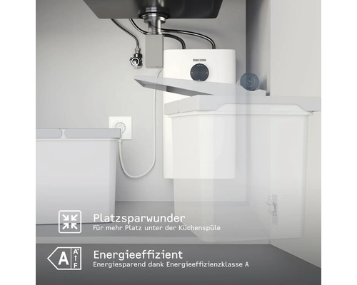 Stiebel Eltron Kleinspeicher platzsparend unter einer Küchenspüle installiert, Energieeffizienzklasse A.