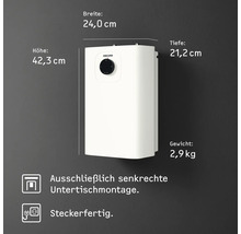 Stiebel Eltron Kleinspeicher Untertisch. Höhe 42,3 Zentimeter, Breite 24,0 Zentimeter, Tiefe 21,2 Zentimeter. Gewicht 2,9 Kilogramm. Steckerfertig.
