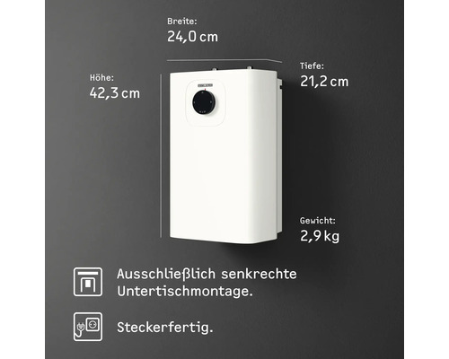 Stiebel Eltron Kleinspeicher Untertisch. Höhe 42,3 Zentimeter, Breite 24,0 Zentimeter, Tiefe 21,2 Zentimeter. Gewicht 2,9 Kilogramm. Steckerfertig.