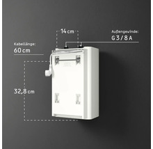 Weißer Untertischspeicher mit Maßen: 32,8 Zentimeter Höhe, 14 Zentimeter Breite, 60 Zentimeter Kabellänge und G 3/8 A Außengewinde.